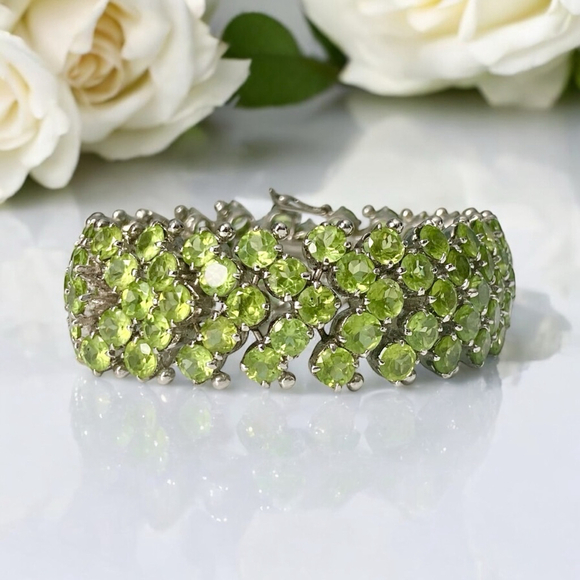 Encrusted Sterling & Natural Green Peridot Gemstone Bracelet, August Birthstone - Picture 7 of 11